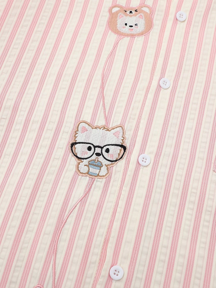 Kawaii Pink Striped Short Sleeve Shirt with Puppy Embroidery - Languid Park