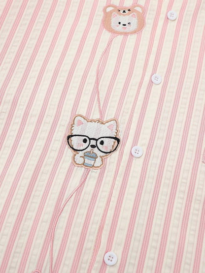 Kawaii Pink Striped Short Sleeve Shirt with Puppy Embroidery - Languid Park