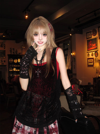 Tank Cross Black Print Red Adjustable with Drawstrings Top Semi-Sheer