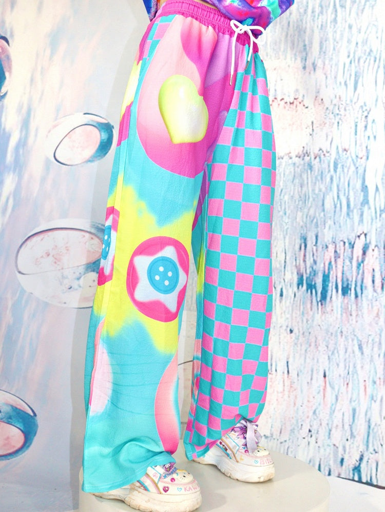 Bunte Hose mit Sterndruckmuster im Y2K-Stil und weitem, kariertem Schnitt