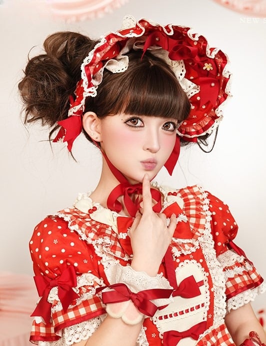 White/Black/Pink Lolita with Polka-dot Bows Bonnet Red/Red