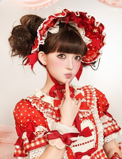White/Black/Pink Lolita with Polka-dot Bows Bonnet Red/Red