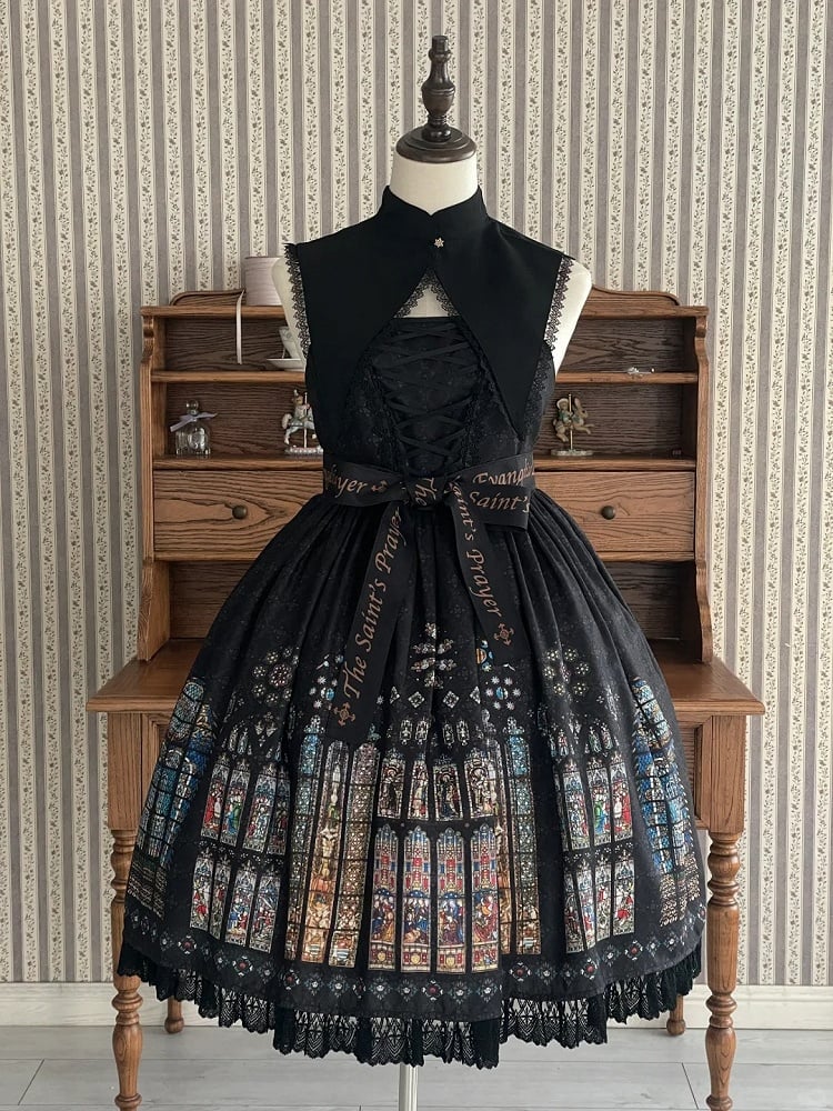 Print Window Church Short Stained Detachable Black Version Collar Dress Lolita with Gothic