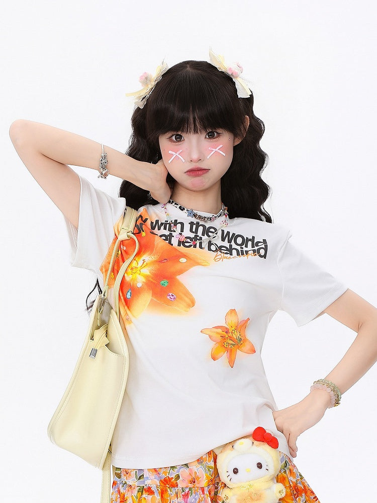 Print with White Kawaii T-shirt Daily Floral Round Neck
