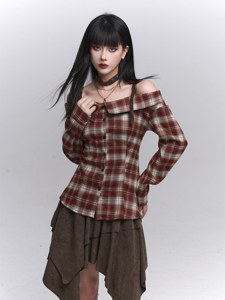 Plaid Off-Shoulder Design Blouse Gothic with PU Adjustable Red