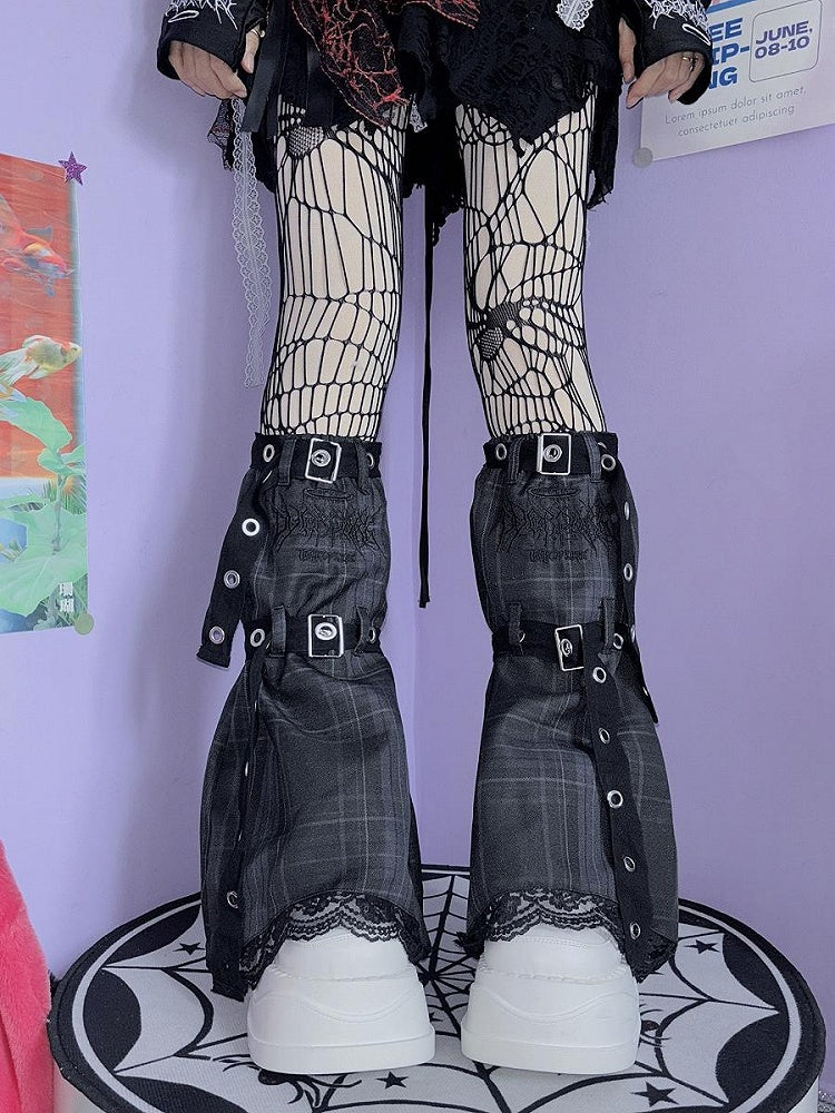 ブラック＆ホワイト/ピンク/ブルー/ブラック＆グレーのチェック柄レッグウォーマー（バックルストラップ付き）