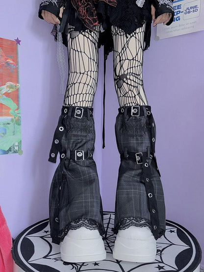 ブラック＆ホワイト/ピンク/ブルー/ブラック＆グレーのチェック柄レッグウォーマー（バックルストラップ付き）