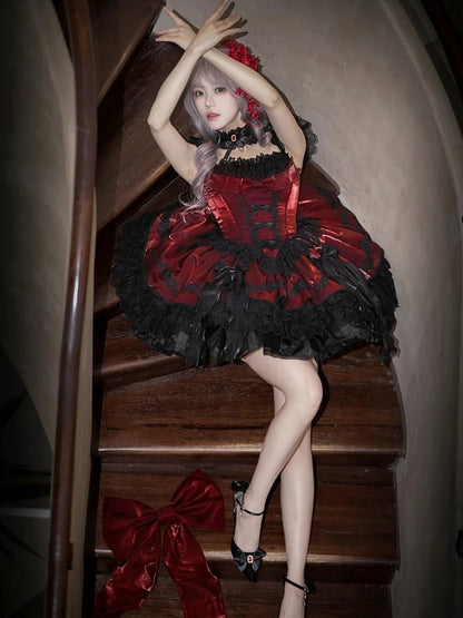 Boned Waist Dress Gothic Balletcore Lolita Black Bows JSK Red with Detachable and