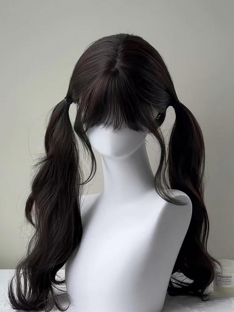 Black Double 60CM with Bangs Wavy Ponytail Wig Full Tea