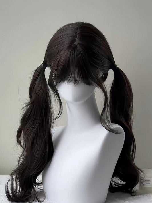 Black Double 60CM with Bangs Wavy Ponytail Wig Full Tea