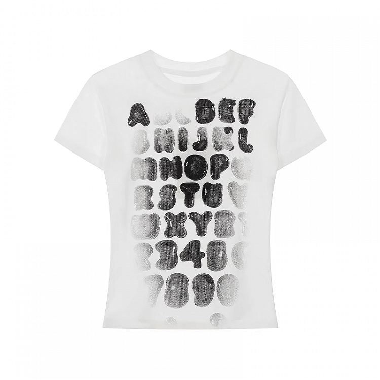 T-Shirt Weiß Rundhals Farbverlauf Buchstabendruck Schmal geschnitten