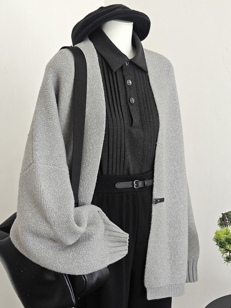 Gray Knit Buckle Cardigan with Unisex Closure Ouji