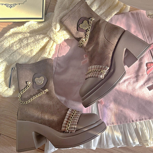 Brown with Boots Details Bear Academic Heel Style Reddish Platform 7cm