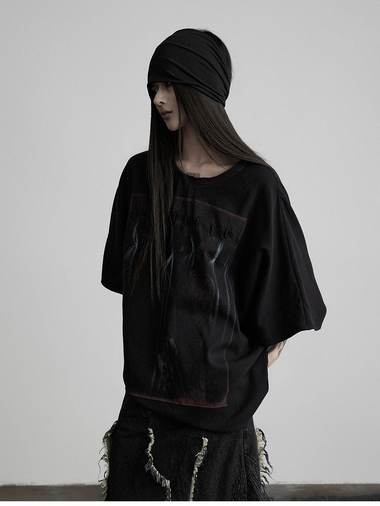 Batwing Black Tee with Gothic Prints - INDULGE