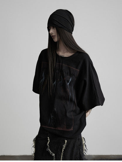 Batwing Black Tee with Gothic Prints - INDULGE