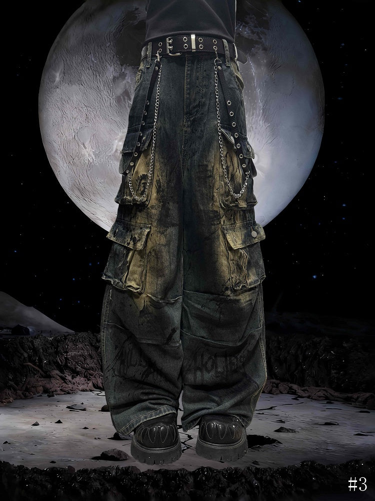 Wide-Leg Blue Faded Jeans Wash with Punk Cargo Wasteland
