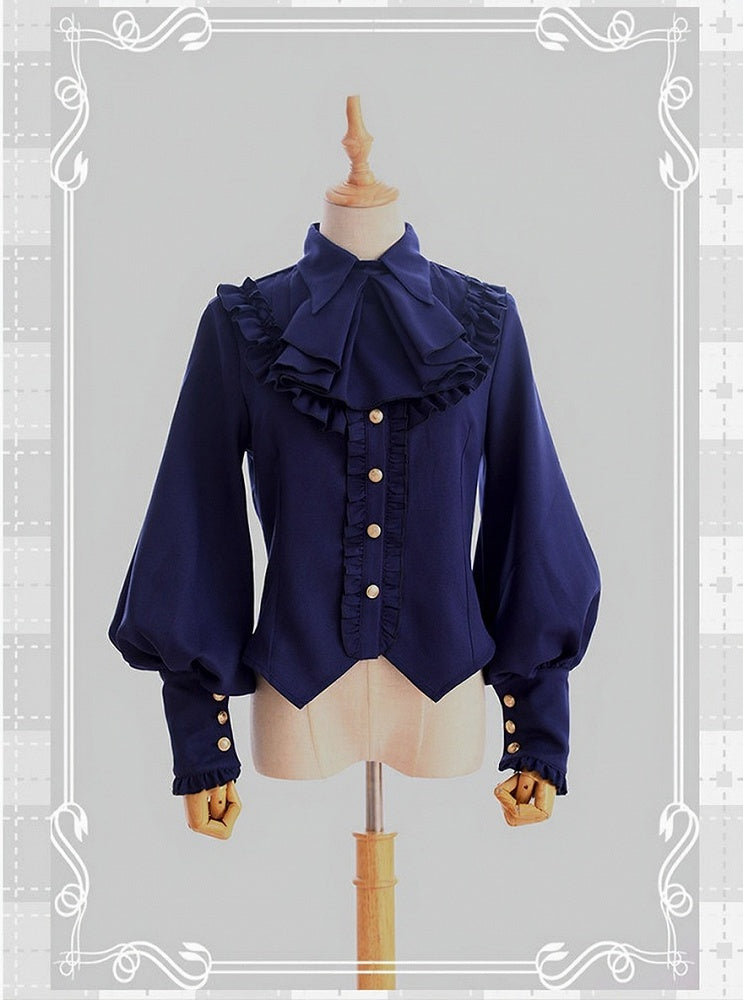 Vintage Navy Flounce Hem Lolita Blouse with Leg-of-Mutton Sleeves - Time Memory