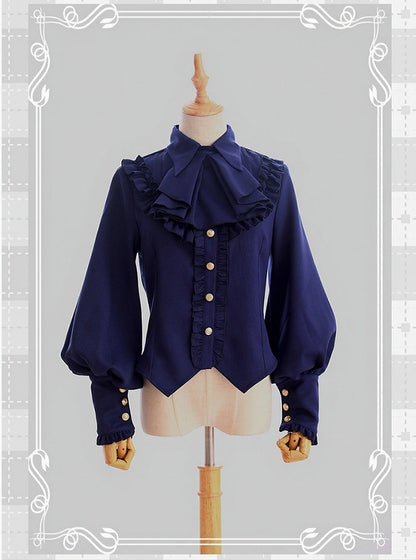 Vintage Navy Flounce Hem Lolita Blouse with Leg-of-Mutton Sleeves - Time Memory