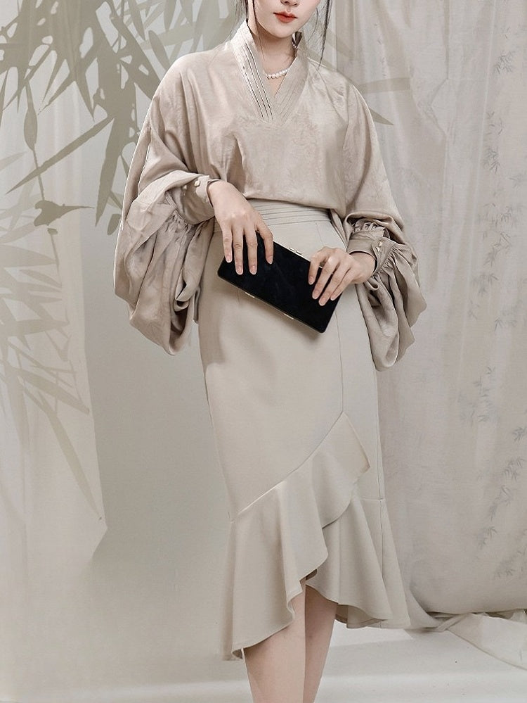 Skirt Mermaid Beige Chinese Partial Waist Style Ruffle Edge Elastic in