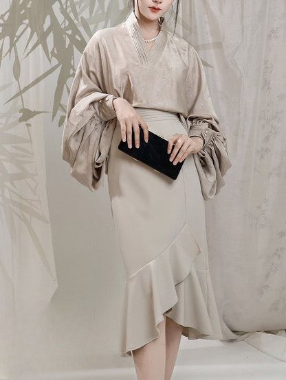 Skirt Mermaid Beige Chinese Partial Waist Style Ruffle Edge Elastic in
