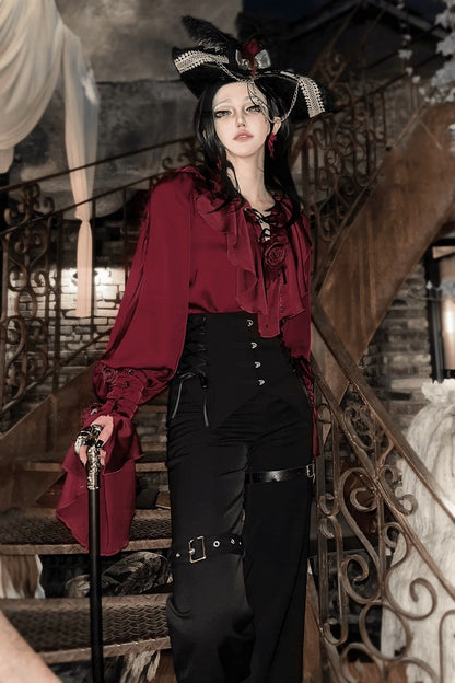 Regal V-Neck Shirt and Corset Pants Set - Shi Zhi Mao
