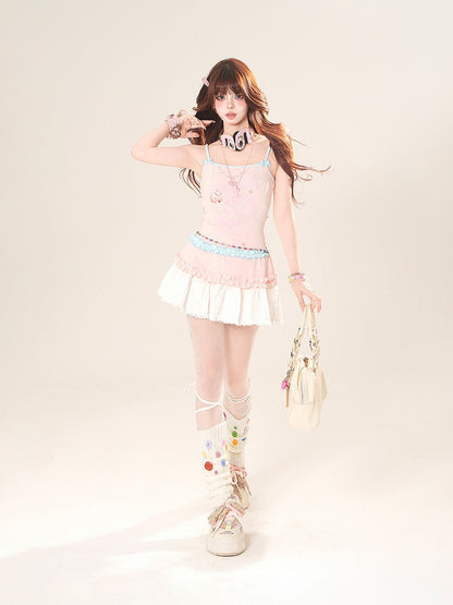 White Lace Trim Mini Tiered Skirt