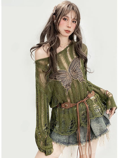 Knitted Applique Long Glamorous Sleeve Protection Butterfly Green Sun Top Bittersweet
