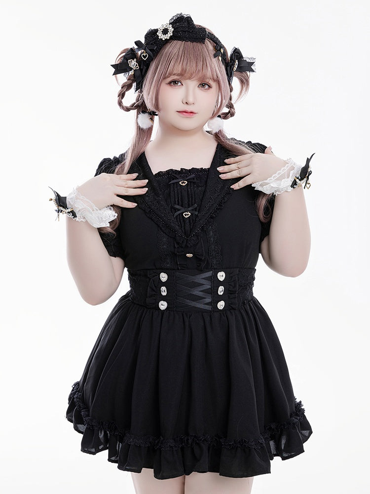 Jirai Kei Sailor Collar Black Rhinestone Short Sleeves Blouse Sweetheart Bowknot and Decorations