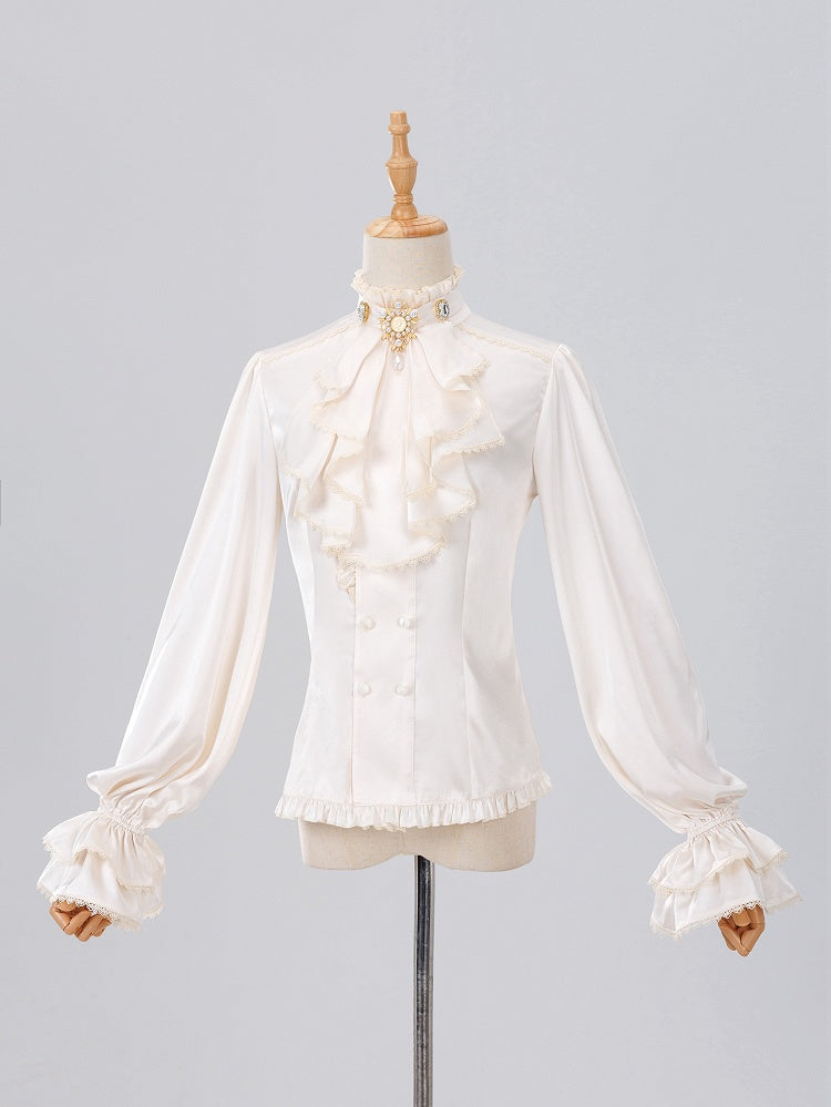 Ivory Ruffled High-Neck Poet Shirt with Jabot Tie - DevilInspired Exclusive Collection