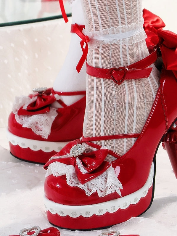 Lolita Mary Top Heart-Embellished Crystal - Snap High with Heel Sweet Red Block Bow Janes Heart
