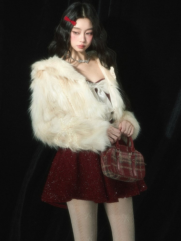 Weihnachtsrotes Tweed-Unterkleid mit Schleife und Perlendetails