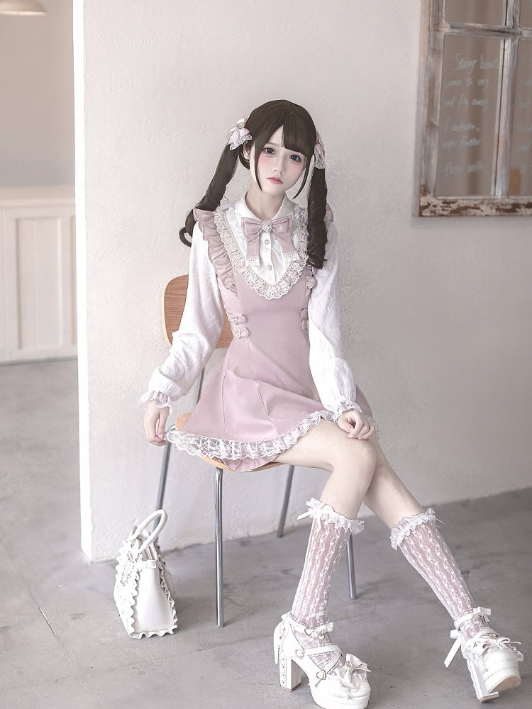 Ryousangata Pink Lace Long Sleeve Dress & Shorts Bow Set - Ekomi