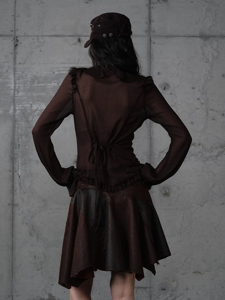 Princess Flounce Blouse Lace Button-Down Tie-Neck Front with Tiered Brown Vintage