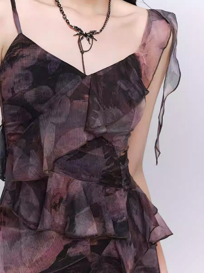 Purple/Dark Gray Butterfly Tie Dye Asymmetrical Flounce Hem Slip Dress
