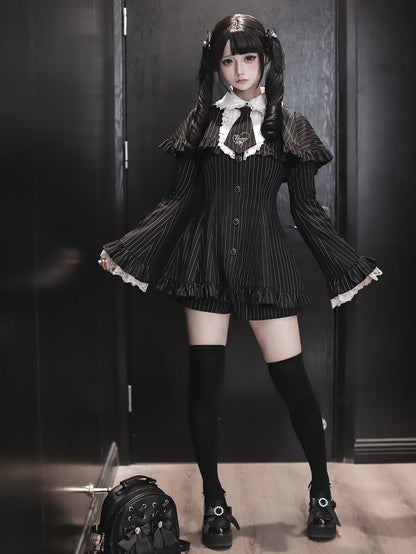 Embroidered Detachable Sleeves Black Bell with Ensemble Tie - Mini Dress Cape Shorts Kei Striped Jirai