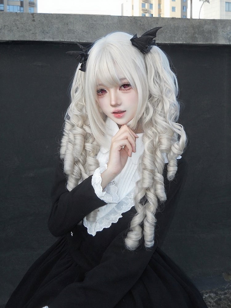 White 35cm Full Bang Wig & 50cm Double Wavy Ponytails Claw Clip - Alice Garden