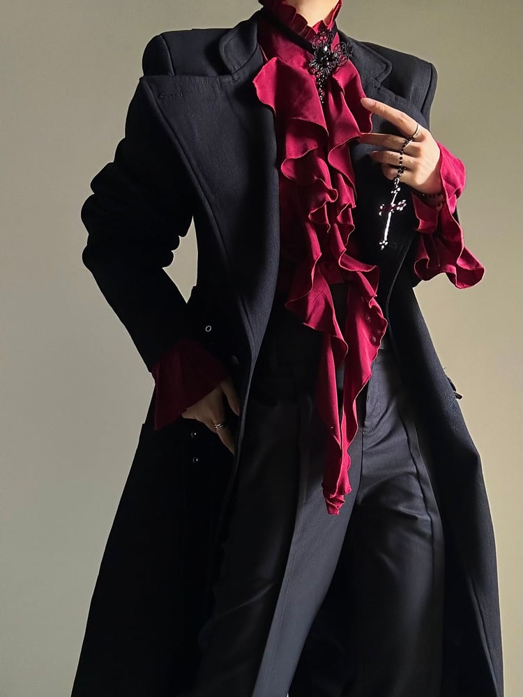 Poet Accents Lolita Vintage Sleeves Unisex Cascading Ouji with Ruffle Shirt Red