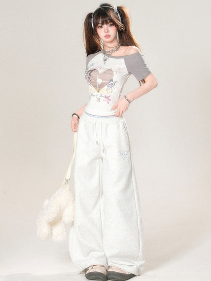 Stickerei Hell Weites Bein Grau Und Schnitt Buchstabenhose Trim Herz Spitze