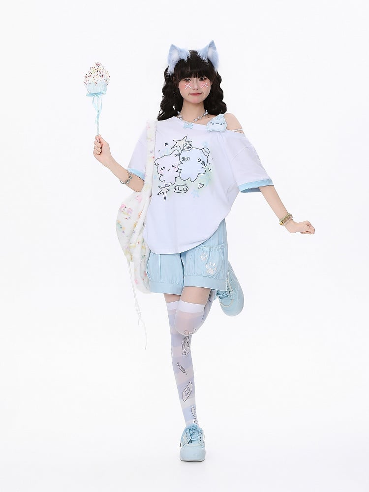Playful Kitten One-Shoulder Tee Blau/Apricot/WeißSchwarz