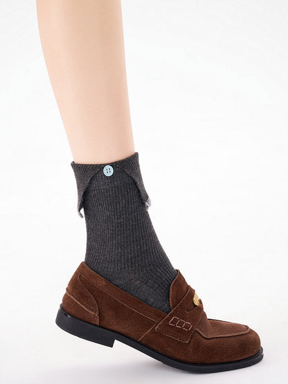 Button Detail 3-Color Socks Ankle with Knit Ribbed
