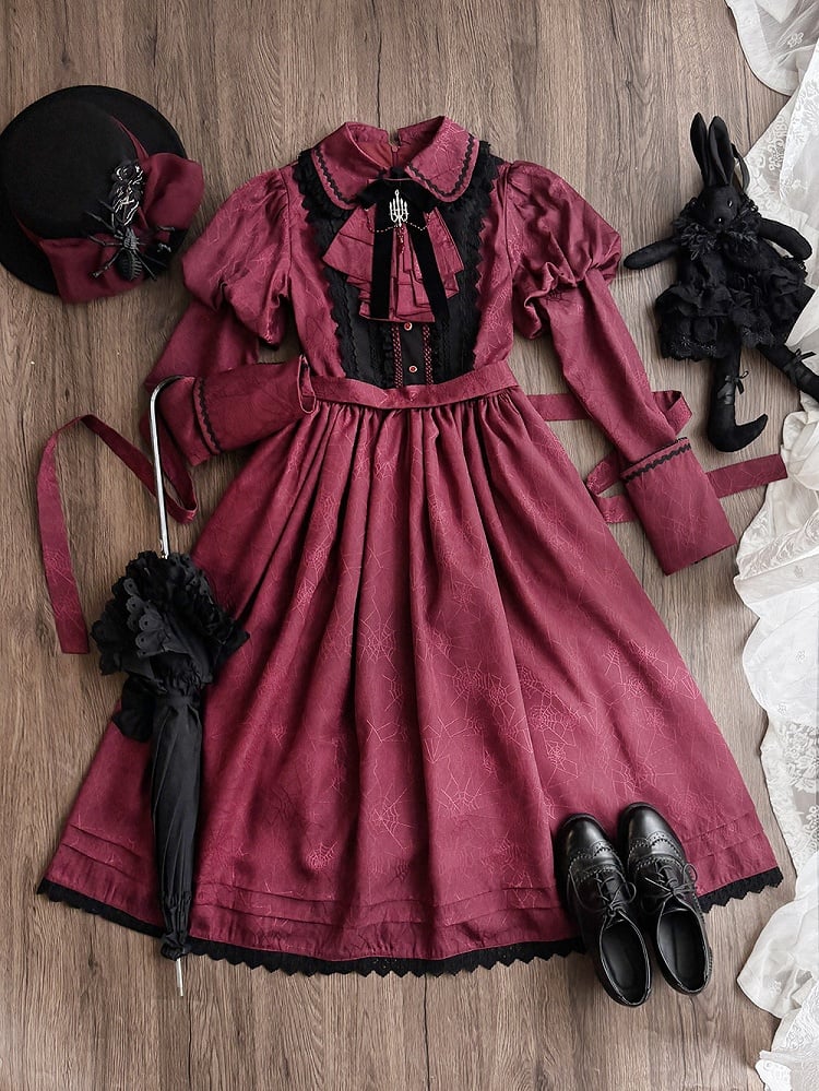 Juliette Red Dress Sleeves Pattern Spider Lace Trim and Black with Gothic Lolita Web