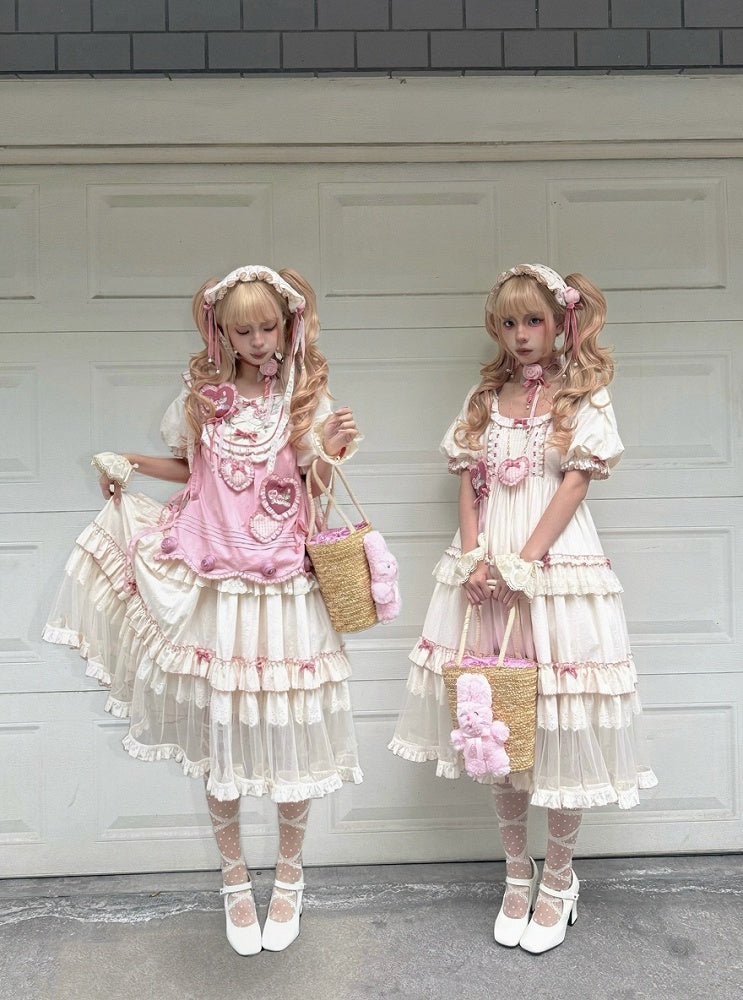 Cream Layered Ruffle High Waist Sweet Lolita Dress with Tulle Hem - Bodhi Original Design