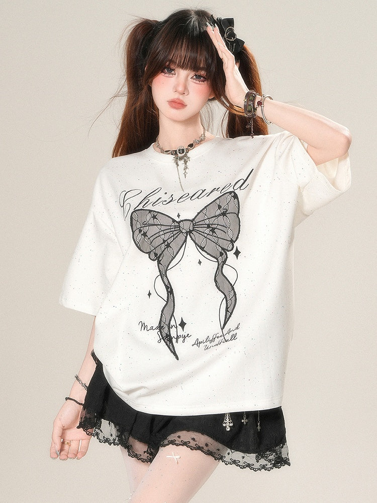 かわいいTシャツプリントアップリケとデイリーレターボウスタービッグホワイト/ブラック