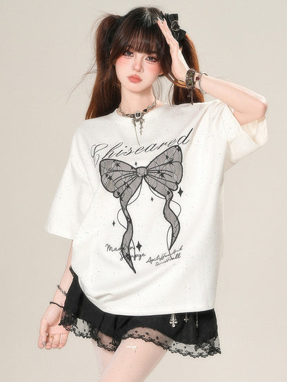 かわいいTシャツプリントアップリケとデイリーレターボウスタービッグホワイト/ブラック