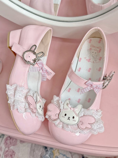 Mary Winged Low-heel/Mid-heel with Lace Patch - Bunny Lolita Buckle Rabbit Trim Pink Janes Sweet
