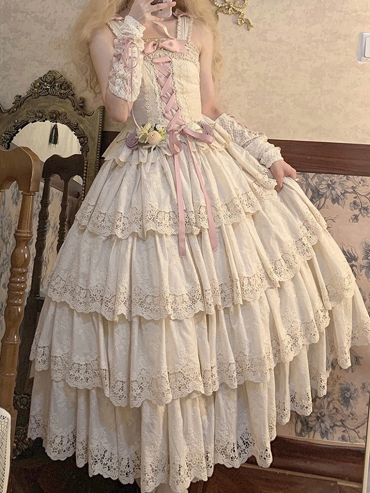 Beige Multi-layer Ruffles Elegant Lolita Skirt Floral Embroidery Details - Miss Point