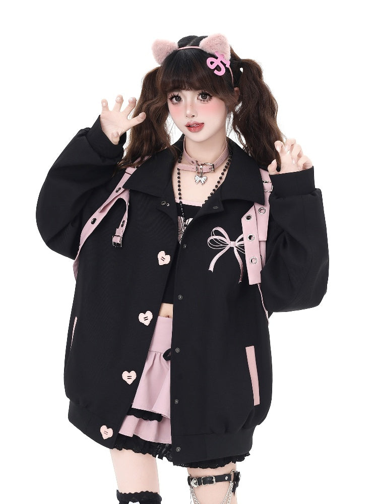 Black Heart-shaped Snap Baseball Jacket with Detachable Bowknot Strap