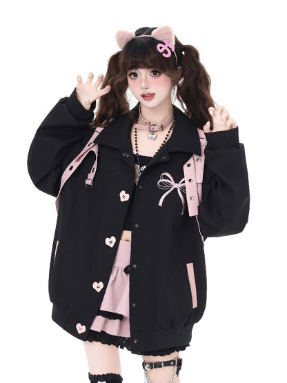 Black Heart-shaped Snap Baseball Jacket with Detachable Bowknot Strap