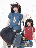 Blue Plaid Puff Sleeve Polo Shirt - Languid Park