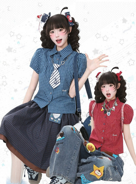 Blue Plaid Puff Sleeve Polo Shirt - Languid Park